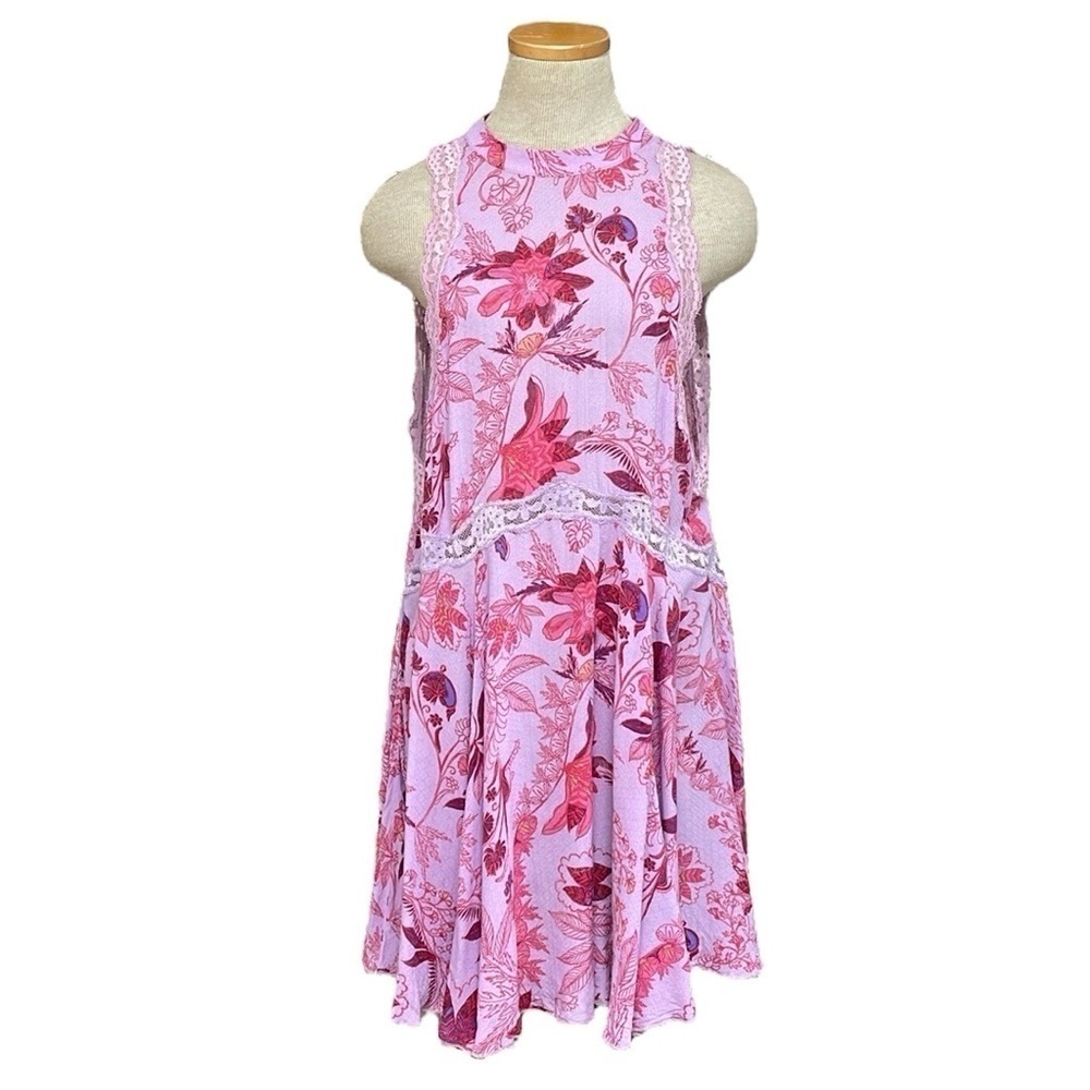 Free People Nightgown Women's Small Purple Floral Lace A-Line Midi Chemise